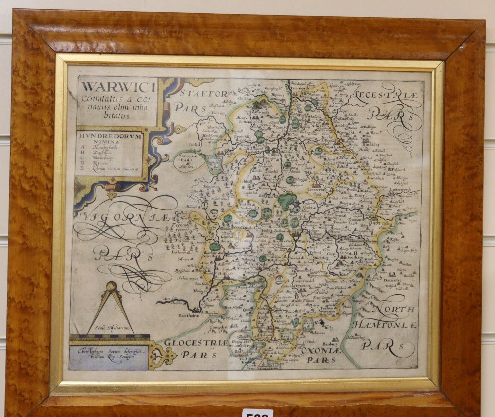 A hand-coloured engraved map of Warwickshire, circa 1637, Christopher Saxton and William Kip, 31cm x 36.5cm